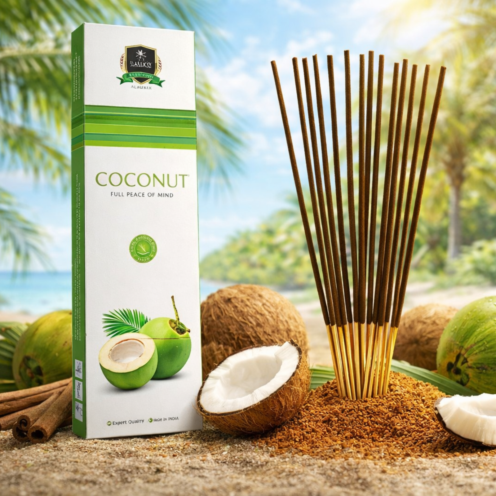 3 Incienso Coco Alaukik 30 g con aroma tropical para relajación y bienestar emocional