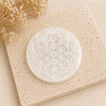 Placa de Selenita natural con símbolos 7 chakras