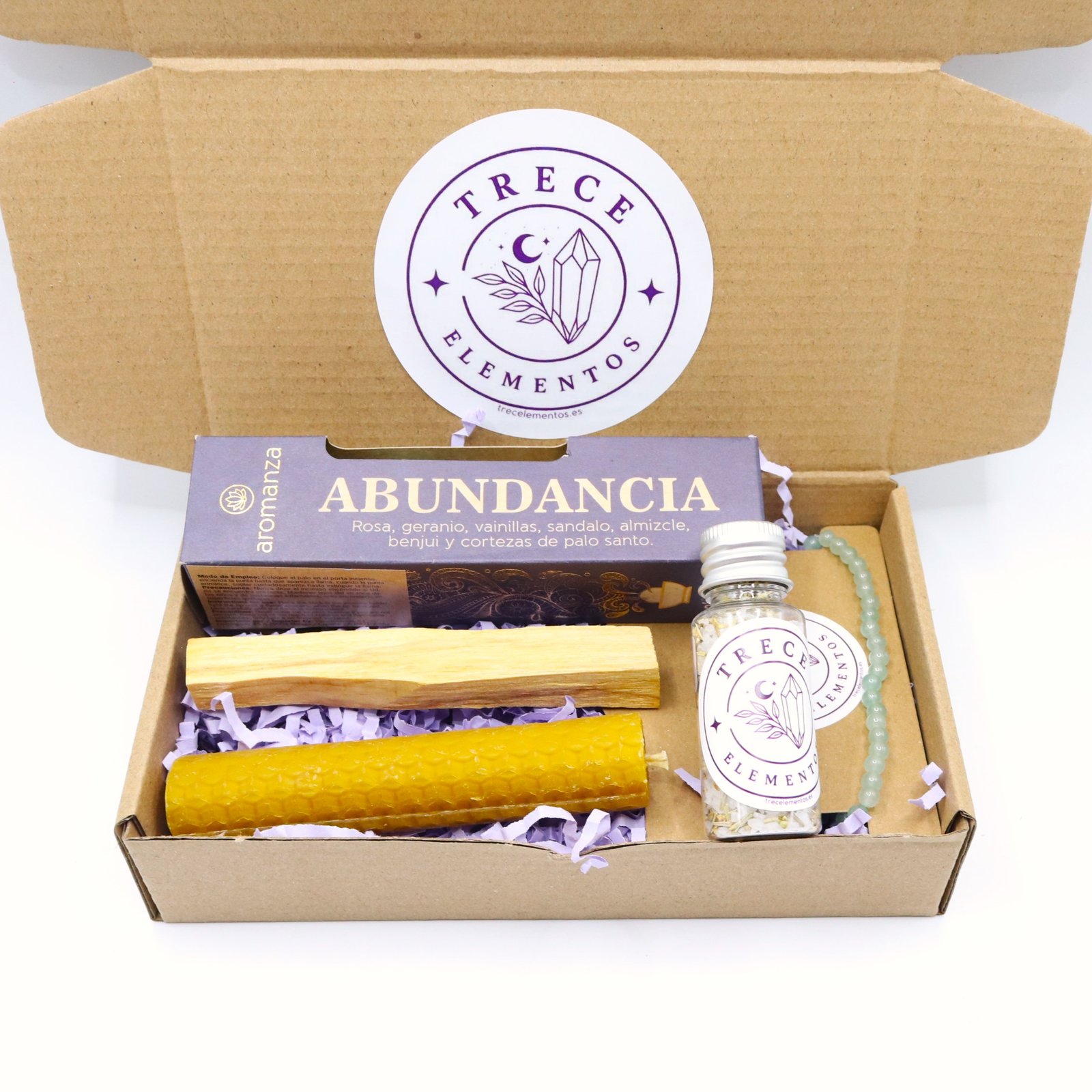 ABUNDANCIA2 Pack Prosperidad Abundancia con aventurina, palo santo, vela de miel y esferas de defumación