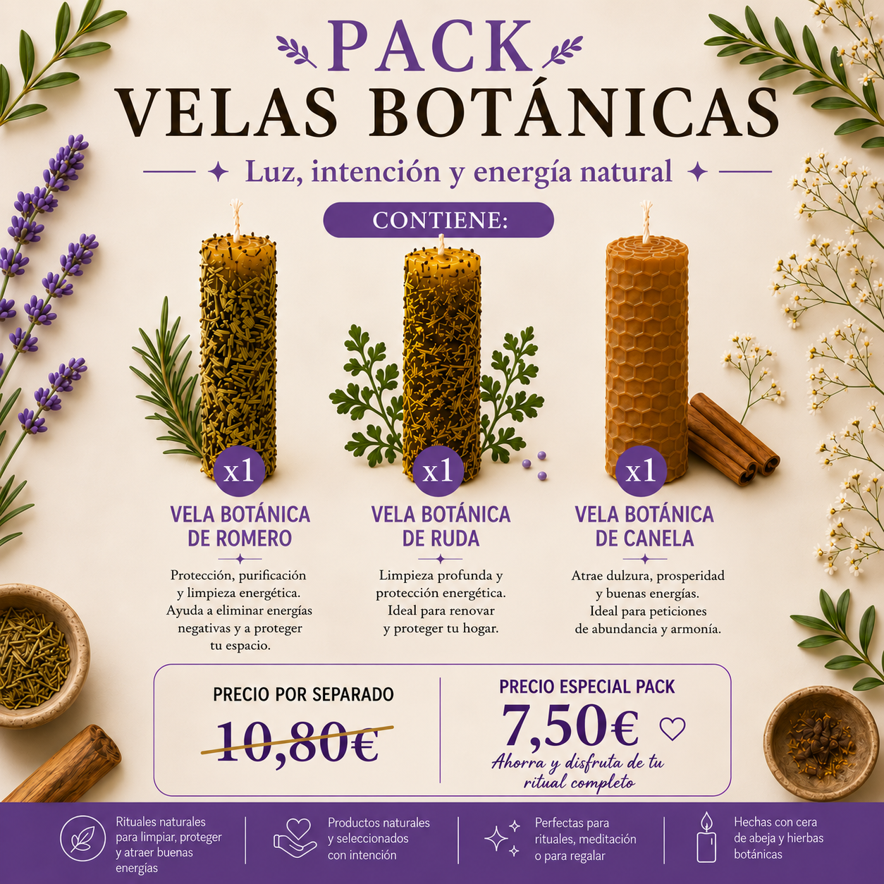PACK BOTANICAS 1 Pack Velas Botánicas · Romero · Ruda · Canela - Imagen 1