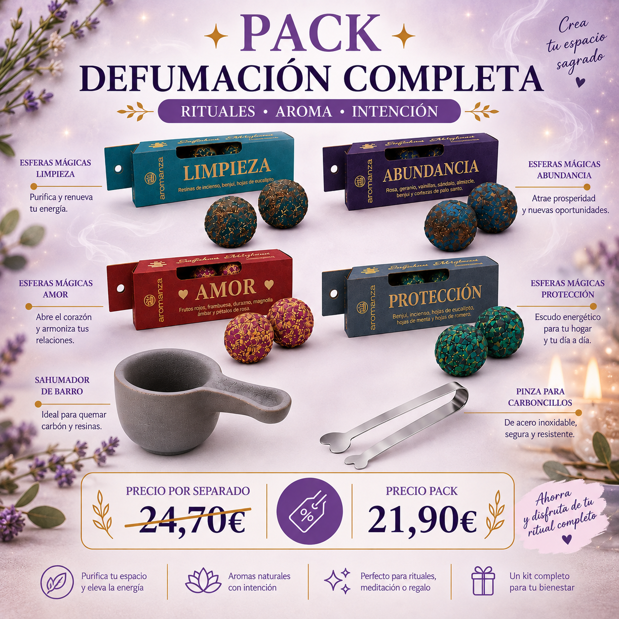 PACK DEFUMACION COMPLETA Pack Esferas de Defumación · Protección · Limpieza · Abundancia · Amor - Imagen 1