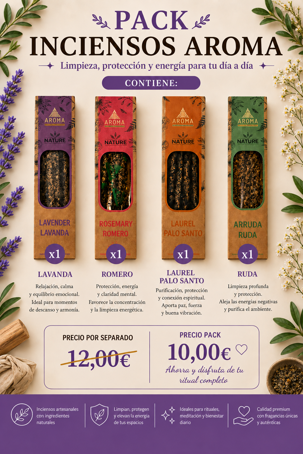 PACK INCIENSO AROMA Pack Inciensos Aroma · Romero · Palo Santo · Lavanda · Ruda - Imagen 1