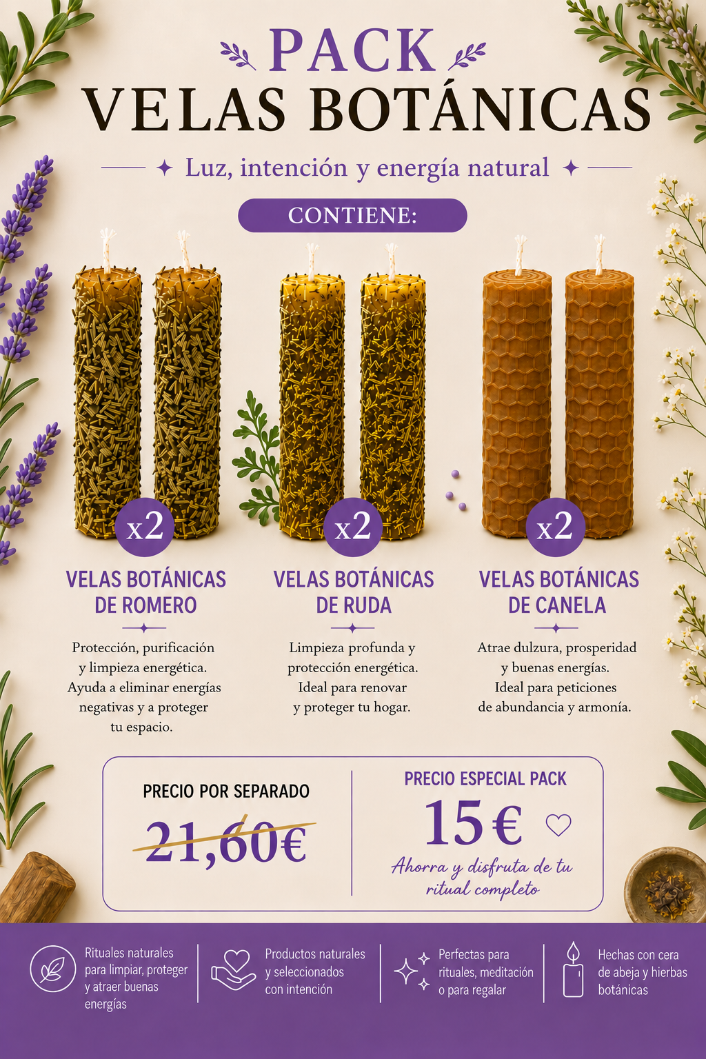 PACK VELAS BOTANICASX2 Pack Doble Velas Botánicas · Canela · Ruda · Romero - Imagen 1