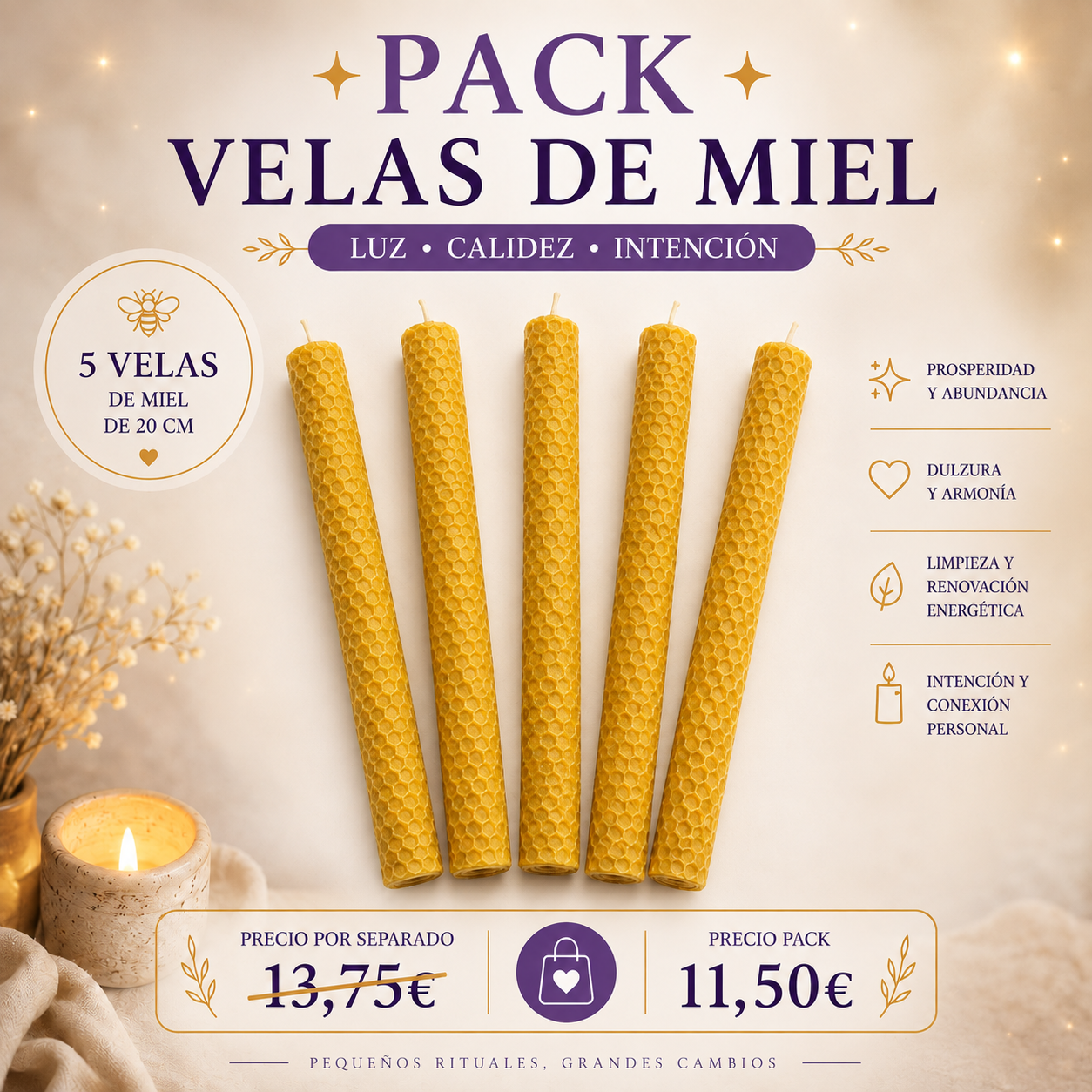 PACK VELAS MIEL 20CM Pack Velas de Miel 20 cm · Cera de Abeja · Luz · Armonía - Imagen 1