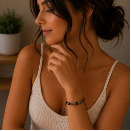 Pulsera ajustable de Ónix Negro Ojo de Tigre y Hematita