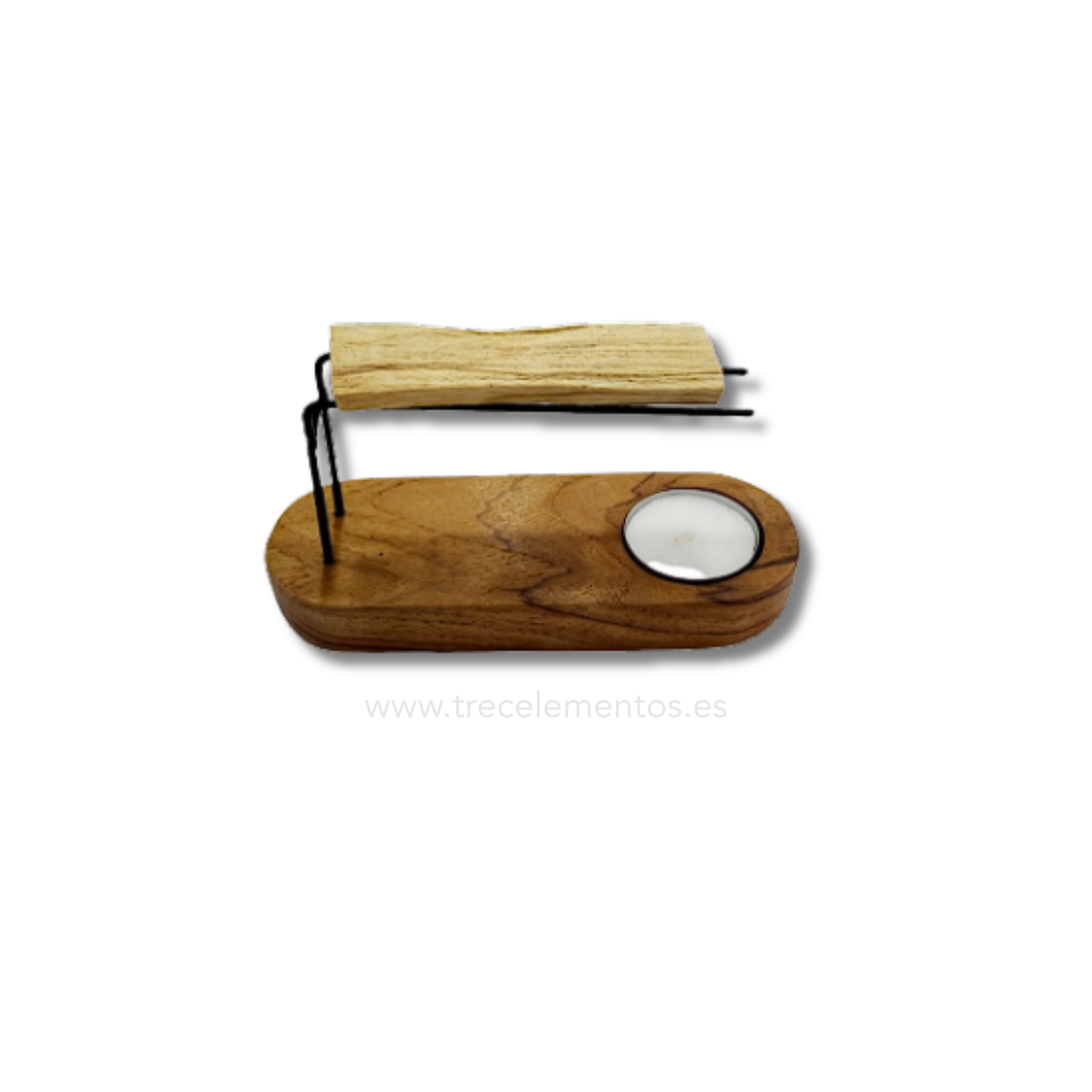 quemador ataditos+palo santo (1) Quemador de madera para palo santo y ataditos con soporte metálico y espacio para vela