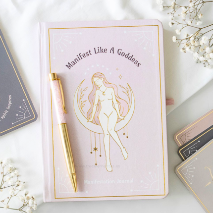 Boligrafo decorativo con cuarzo rosa incluido en el cuaderno