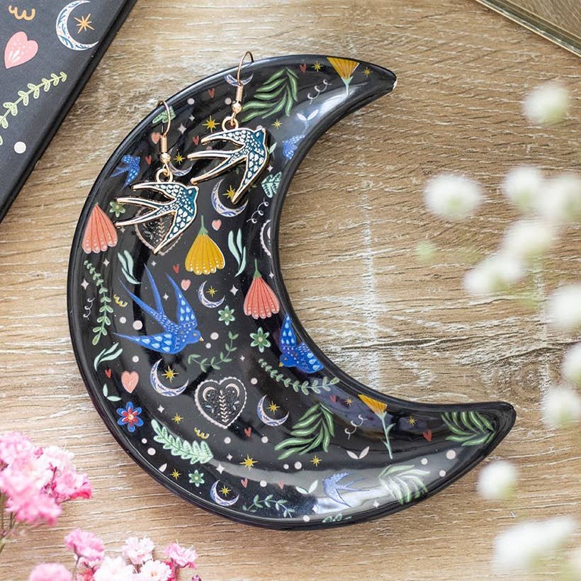 midnight-bloom-crescent-moon-trinket-dish Platito luna creciente negro con flores y golondrinas