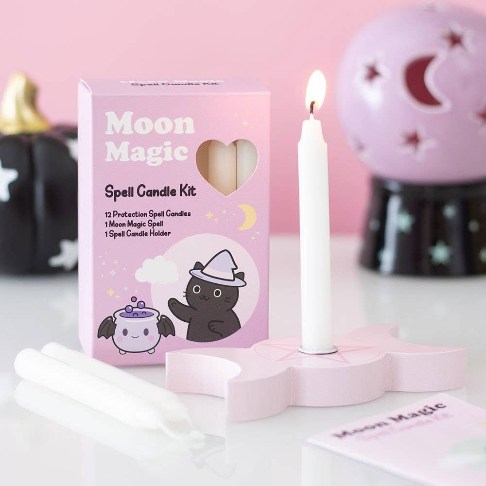 moon-magic-spell-candle-kit Set Moon Magic con velas blancas, portavelas y ritual de magia lunar