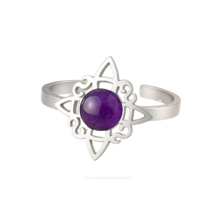 Anillo Nudo de Bruja de acero con Amatista natural