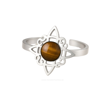 Anillo Nudo de Bruja de acero plateado con Ojo de Tigre