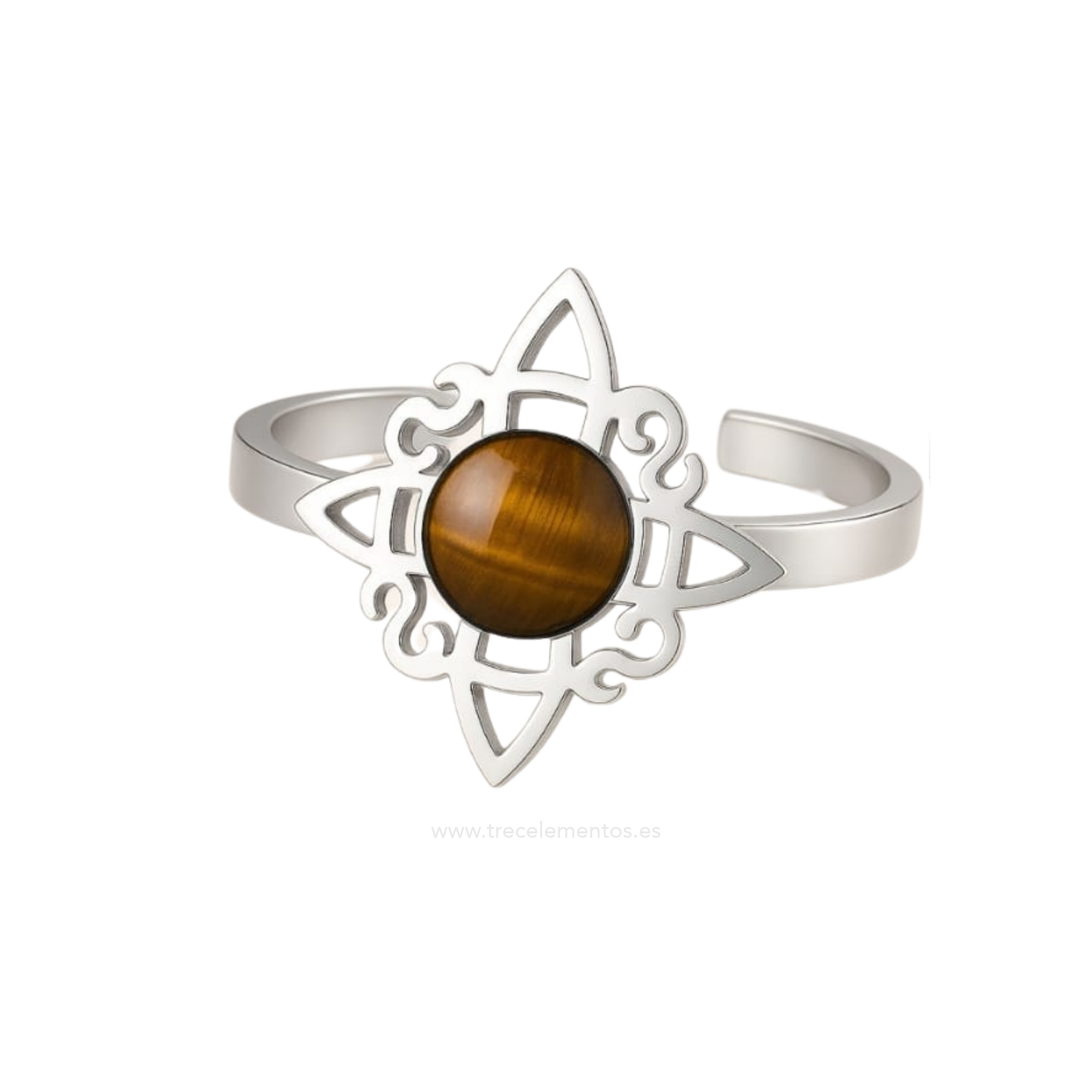 ANILLO ACERO NUDO DE BRUJA OJO TIGRE Anillo Nudo de Bruja de acero plateado con Ojo de Tigre