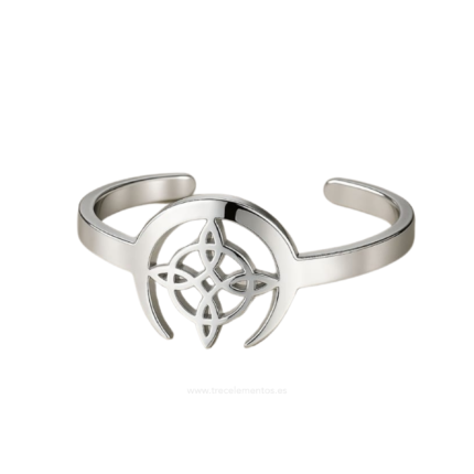 Anillo Nudo de Bruja y Luna Invertida de acero dorado